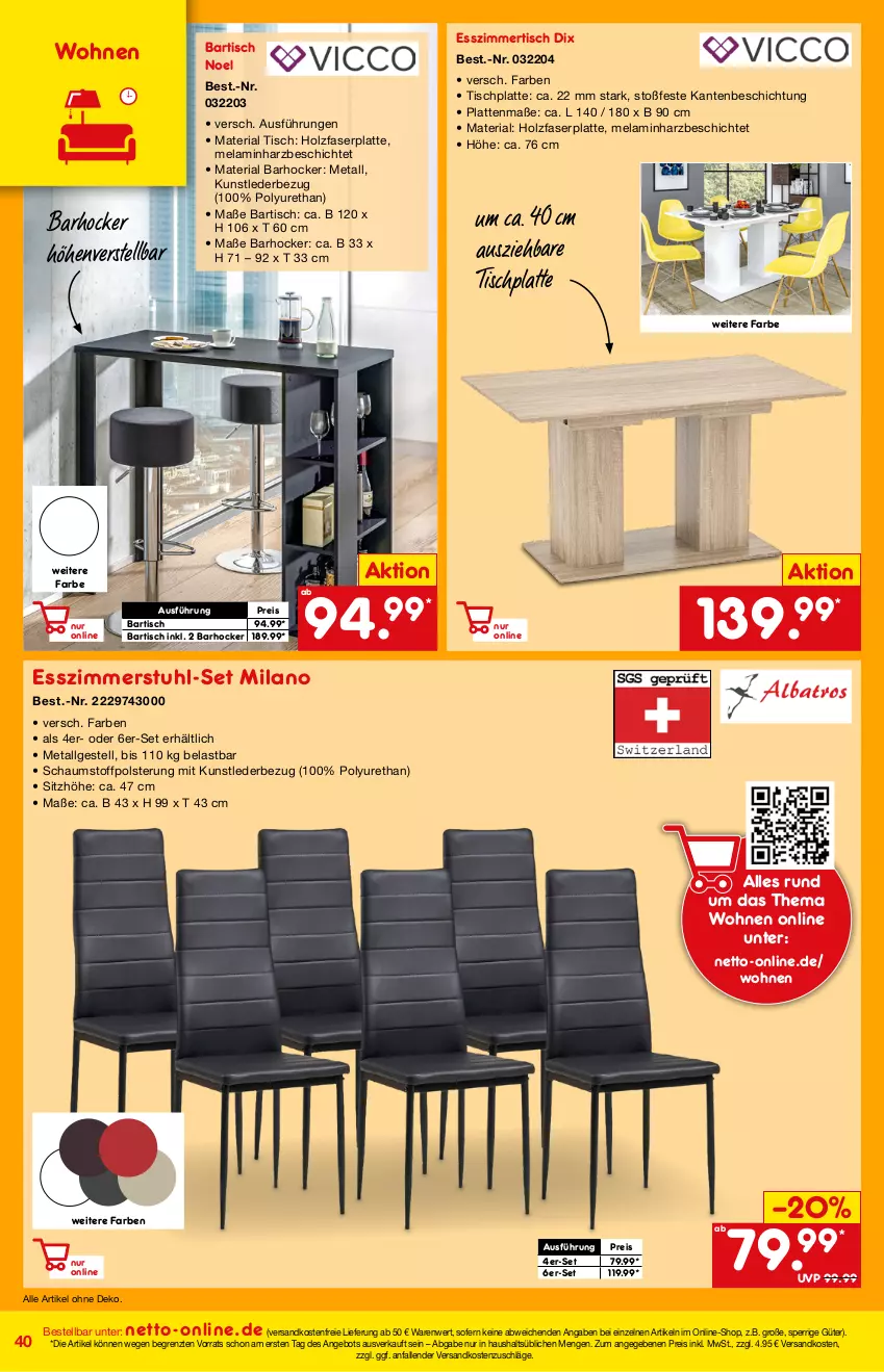 Aktueller Prospekt Netto Marken-Discount - Online-Angebote März - von 27.02 bis 06.03.2022 - strona 40 - produkty: angebot, barhocker, Bartisch, eis, Esszimmer, hocker, Holz, HP, latte, LG, ndk, reis, Ria, Sitzhöhe, stuhl, Ti, tisch, tischplatte, versandkostenfrei, ZTE