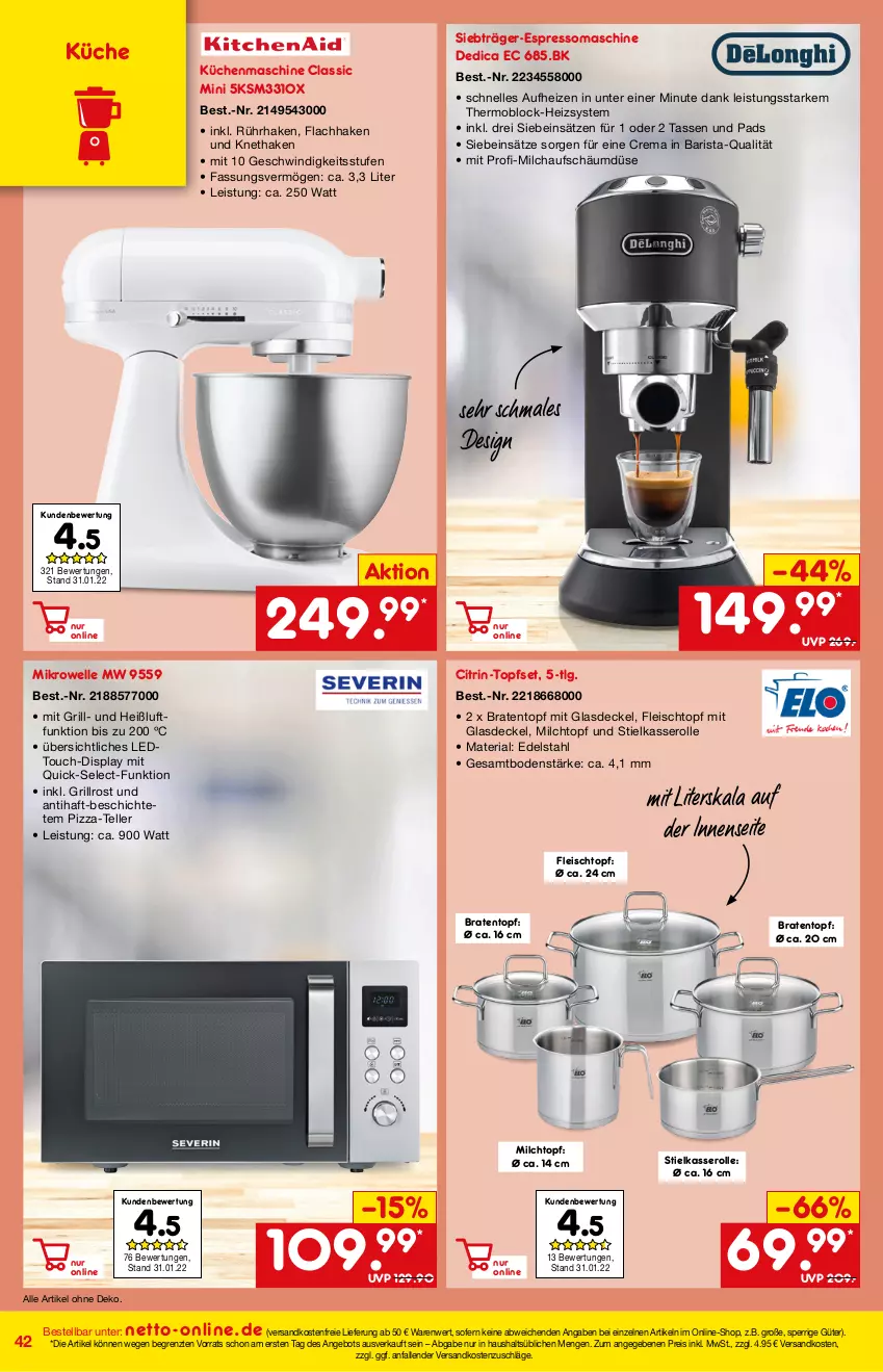 Aktueller Prospekt Netto Marken-Discount - Online-Angebote März - von 27.02 bis 06.03.2022 - strona 42 - produkty: angebot, braten, Bratentopf, decke, Deckel, edelstahl, eis, elle, espresso, fleisch, Fleischtopf, Glasdeckel, grill, grillrost, küche, Küchen, küchenmaschine, LG, mikrowelle, milch, ndk, pizza, reis, Ria, stielkasserolle, tasse, teller, Ti, topf, Topfset, versandkostenfrei, ZTE