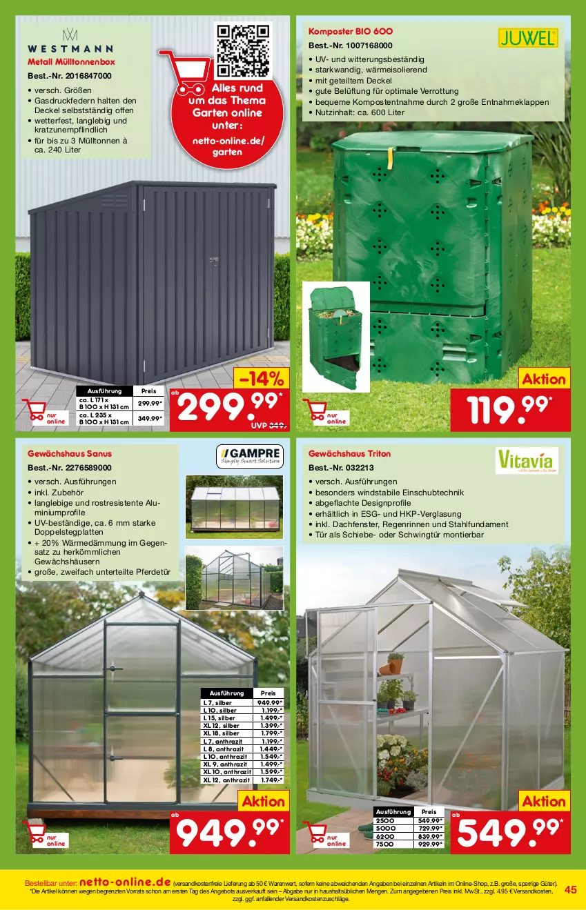 Aktueller Prospekt Netto Marken-Discount - Online-Angebote März - von 27.02 bis 06.03.2022 - strona 45 - produkty: angebot, bio, decke, Deckel, eis, ente, erde, fenster, Garten, Gewächshaus, Komposter, latte, ndk, reis, Ti, versandkostenfrei, ZTE