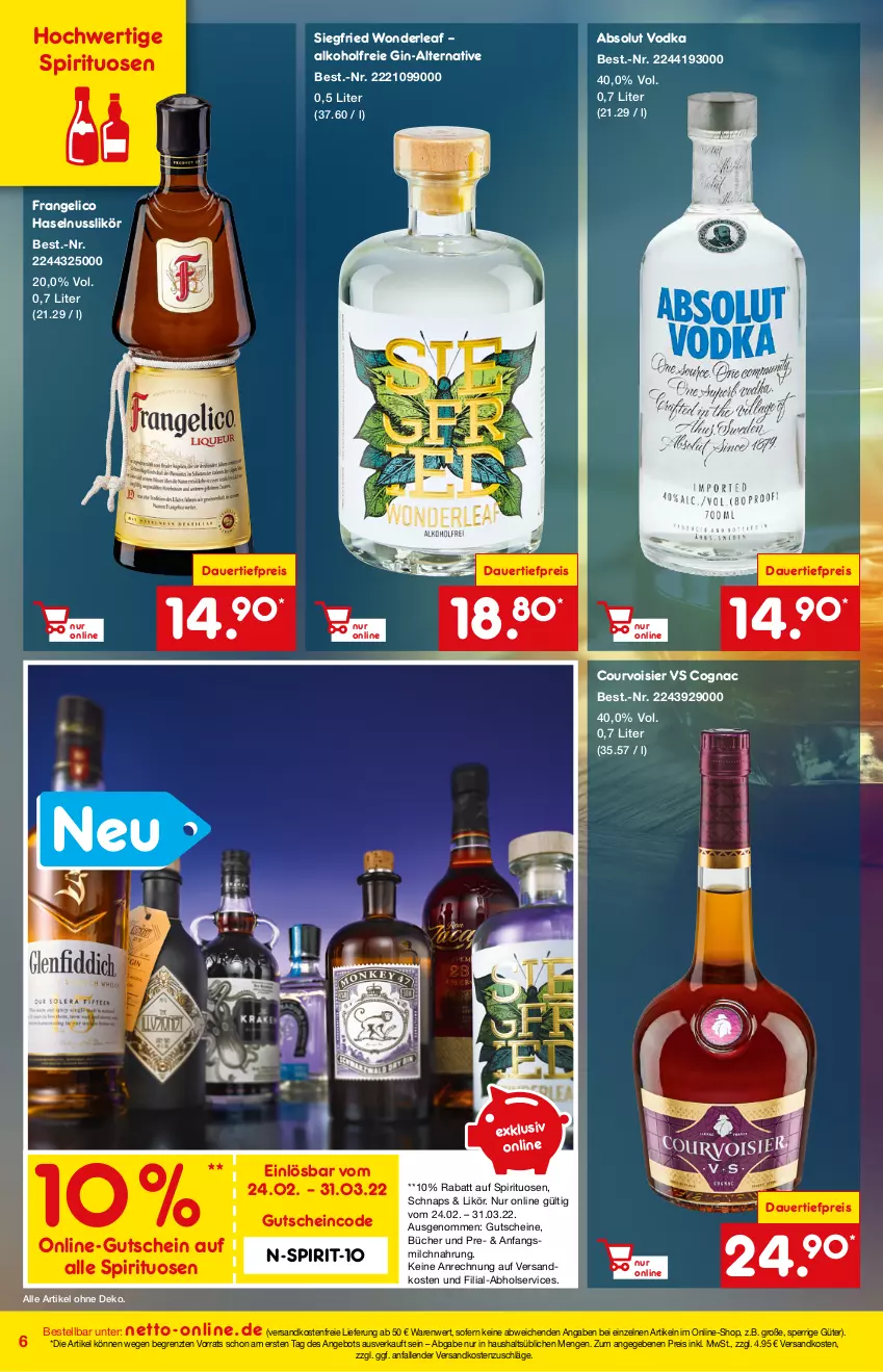 Aktueller Prospekt Netto Marken-Discount - Online-Angebote März - von 27.02 bis 06.03.2022 - strona 6 - produkty: Absolut Vodka, alkohol, angebot, auer, Cognac, Courvoisier, dauertiefpreis, eis, frangelico, gin, gutschein, gutscheine, haselnuss, likör, milch, ndk, nuss, reis, spirituosen, Ti, tiefpreis, versandkostenfrei, vodka, ZTE