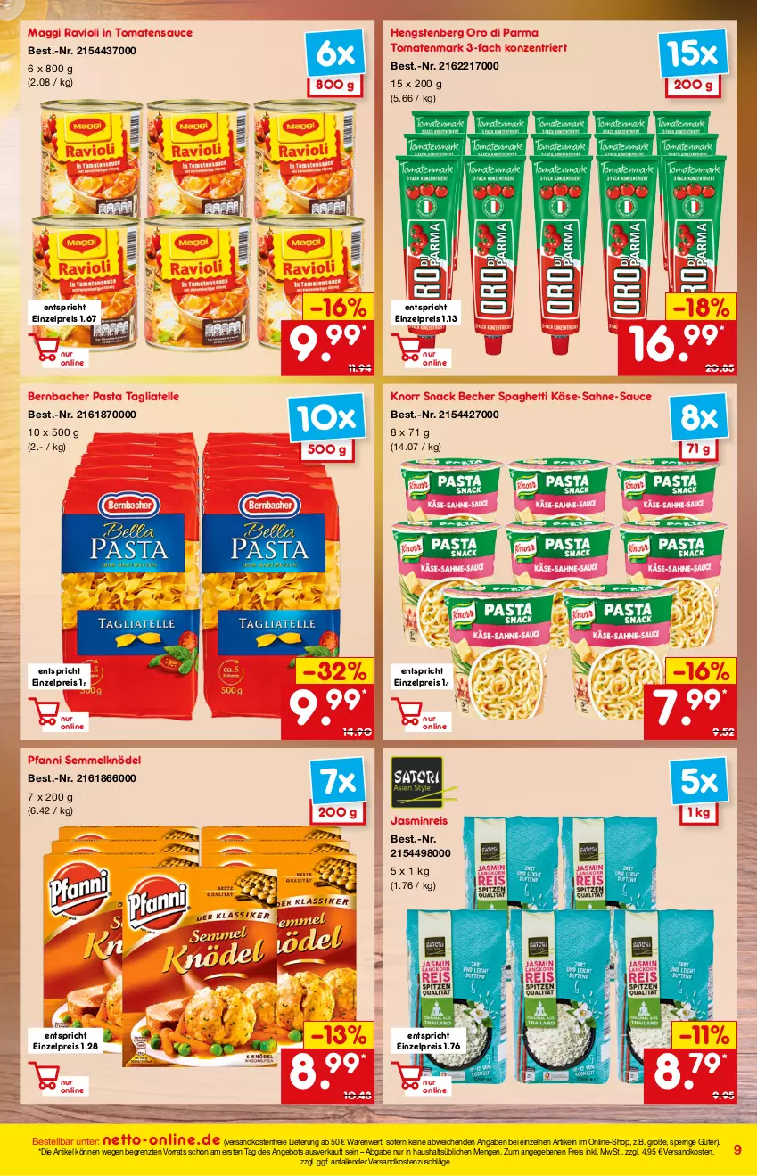 Aktueller Prospekt Netto Marken-Discount - Online-Angebote März - von 27.02 bis 06.03.2022 - strona 9 - produkty: angebot, Becher, bernbacher, eis, elle, hengstenberg, Käse, Knödel, knorr, maggi, ndk, oro di parma, pasta, pfanni, ravioli, reis, sahne, sauce, Semmel, Semmelknödel, snack, spaghetti, tagliatelle, Ti, tomate, tomaten, tomatenmark, tomatensauce, versandkostenfrei, ZTE