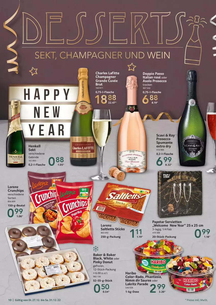 Aktueller Prospekt Selgros - Food - von 27.12 bis 31.12.2022 - strona 10 - produkty: champagne, champagner, chips, crunchips, Donut, doppio passo, ecco, eis, flasche, haribo, henkel, henkell, lack, Lakritz, lorenz, lorenz crunchips, passo, prosecco, puma, reis, saltletts, sekt, Serviette, servietten, spumante, Ti