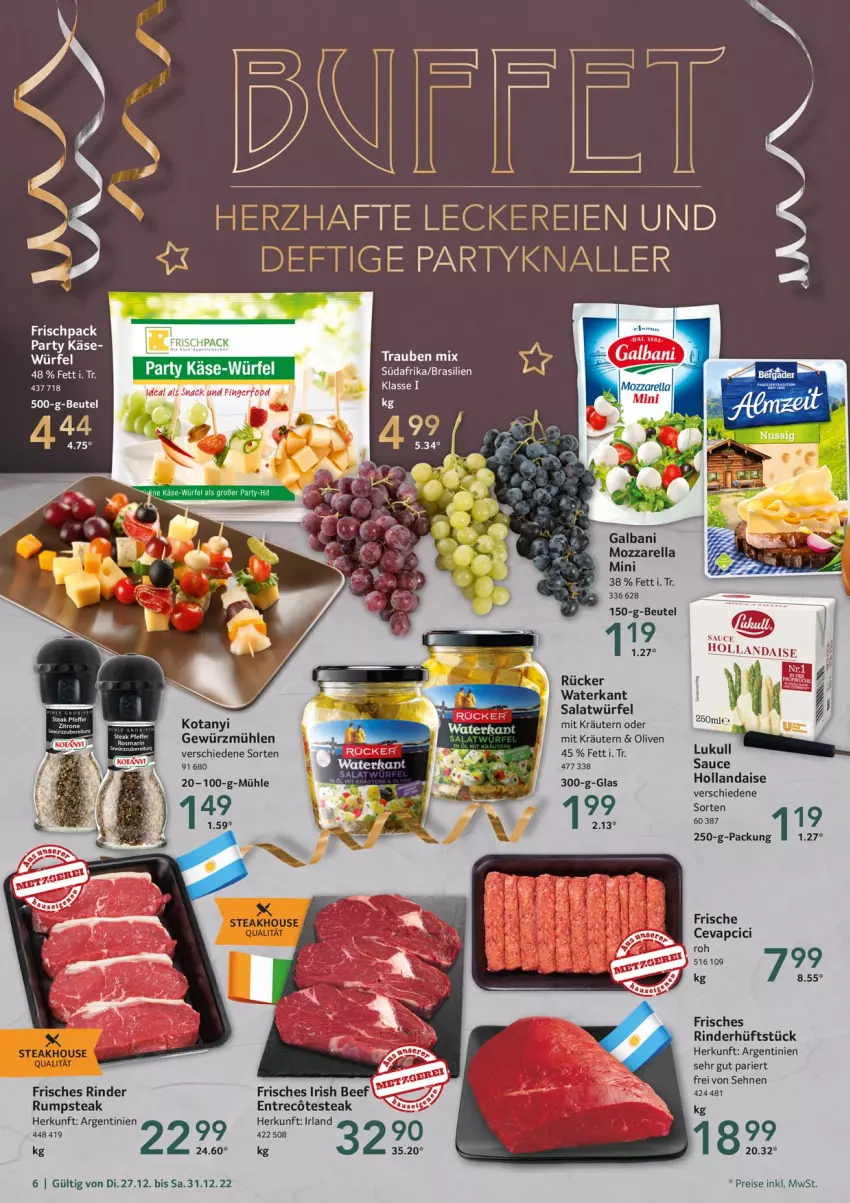 Aktueller Prospekt Selgros - Food - von 27.12 bis 31.12.2022 - strona 6 - produkty: beef, cevapcici, eis, galbani, gewürz, Gewürzmühle, hollandaise, kräuter, kräutern, lukull, mozzarella, olive, oliven, pfeffer, reis, rel, rind, rinder, rum, rumpsteak, salat, sauce, snack, steak, Ti, trauben