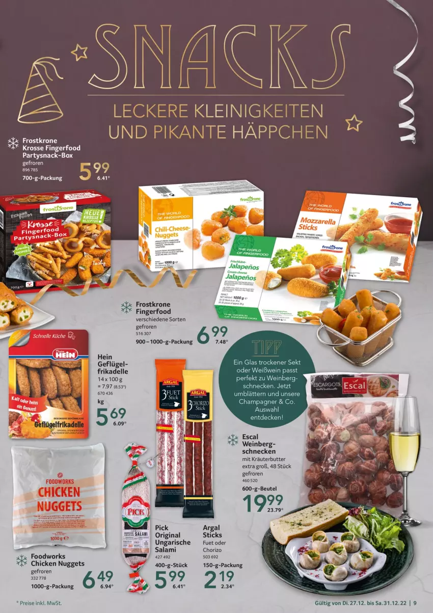 Aktueller Prospekt Selgros - Food - von 27.12 bis 31.12.2022 - strona 9 - produkty: butter, champagne, champagner, chicken nuggets, chorizo, decke, dell, eis, elle, escal, Geflügel, gin, kräuter, kräuterbutter, krone, nuggets, reis, salami, sekt, snack, Ti, wein, Weißwein