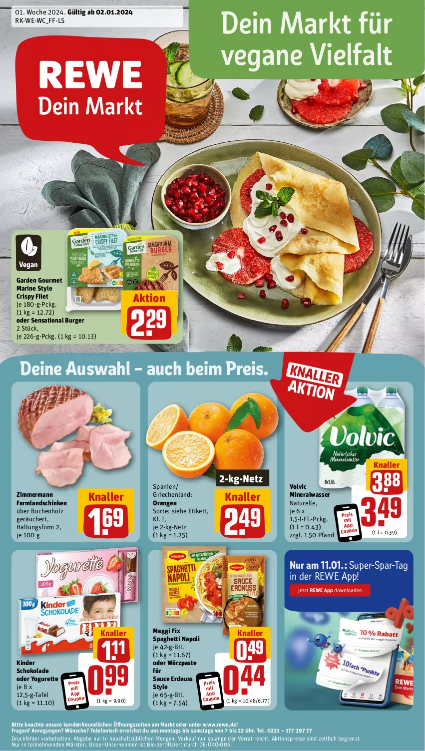 Aktueller Prospekt Rewe - Prospekte - von 02.01 bis 06.01.2024 - strona 1 - produkty: aktionspreis, Alwa, bio, buch, burger, coupon, eis, elle, erdnuss, filet, garden gourmet, Holz, Kinder, kinder schokolade, landschinken, maggi, maggi fix, mineralwasser, natur, nuss, oder yogurette, orange, orangen, reis, rel, sauce, schinken, schoko, schokolade, spaghetti, telefon, Ti, uhr, volvic, wasser, Yo, yogurette