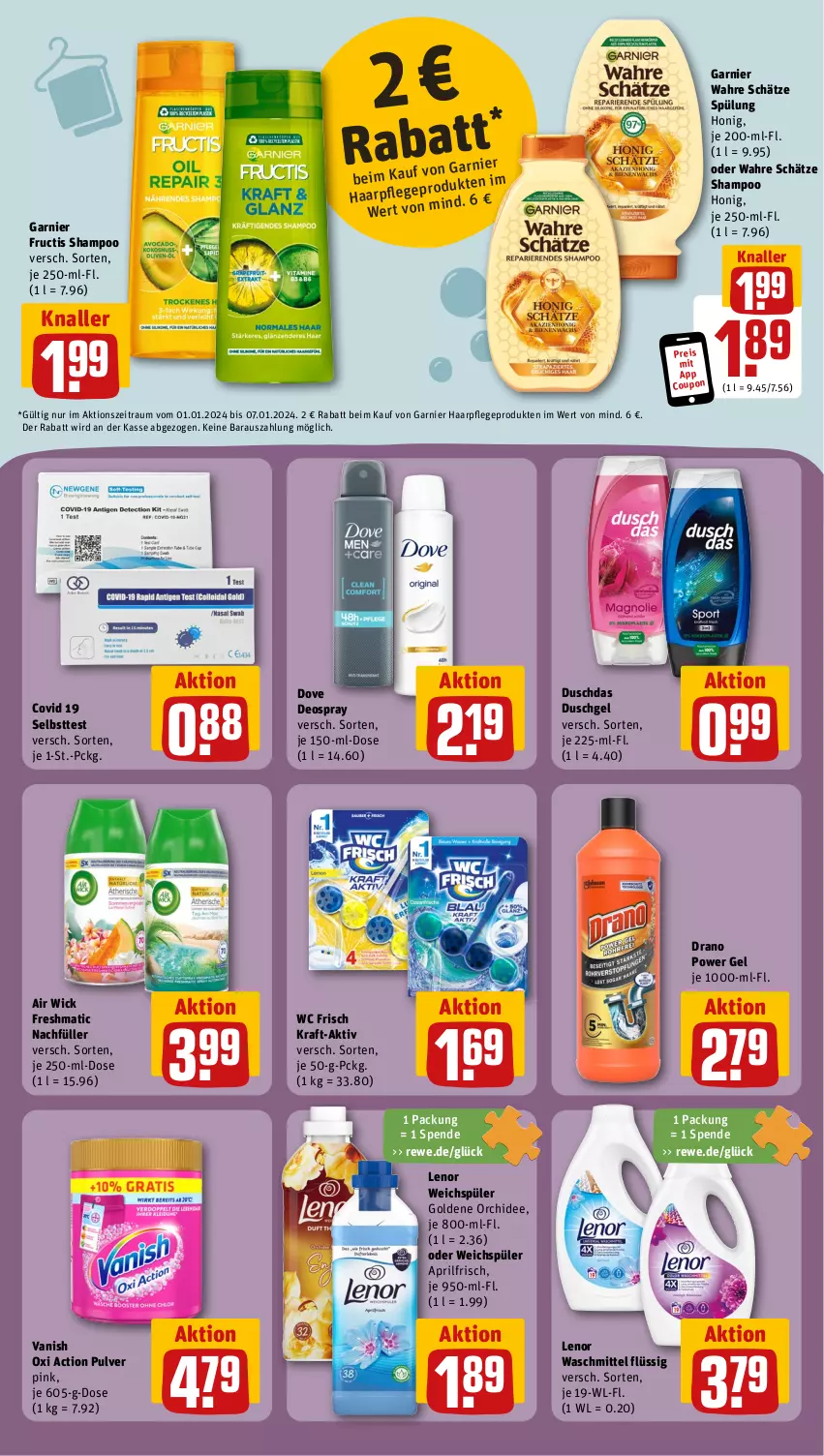 Aktueller Prospekt Rewe - Prospekte - von 02.01 bis 06.01.2024 - strona 14 - produkty: Air Wick, coupon, deo, deospray, dove, duschdas, duschgel, eis, fructis, garnier, haarpflege, honig, kraft, lenor, lenor waschmittel, lenor weichspüler, orchidee, oxi action, pril, reis, shampoo, spülung, Ti, vanish, vanish oxi action, Wahre Schätze, waschmittel, wc frisch, weichspüler, WICK