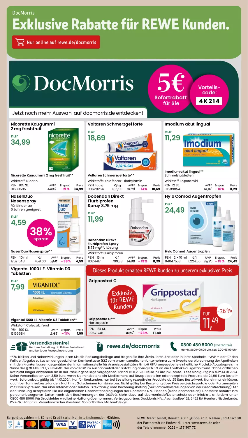 Aktueller Prospekt Rewe - Prospekte - von 02.01 bis 06.01.2024 - strona 16 - produkty: Apotheke, Avanti, Cif, decke, Diclofenac, Dobendan, eier, eis, elle, Flurbiprofen, Grippostad, gutschein, gutscheine, Hylo, ilag, Imodium, K2, kaugummi, Kinder, LG, NasenDuo, Nasenspray, ndk, Nicorette, Ofen, reis, rezept, rezepte, sofortrabatt, Spezi, Sport, tablet, tablett, Tablette, telefon, Ti, Tiere, tisch, uhr, versandkostenfrei, Vigantol, vita, Vitamin D, weck