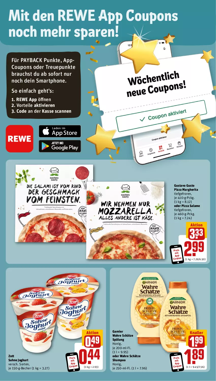 Aktueller Prospekt Rewe - Prospekte - von 02.01 bis 06.01.2024 - strona 3 - produkty: Becher, coupon, coupons, eis, garnier, honig, joghur, joghurt, margherita, payback, pizza, pizza salame, Rauch, reis, sahne, sahne joghurt, shampoo, smartphone, spülung, Ti, Wahre Schätze, zott