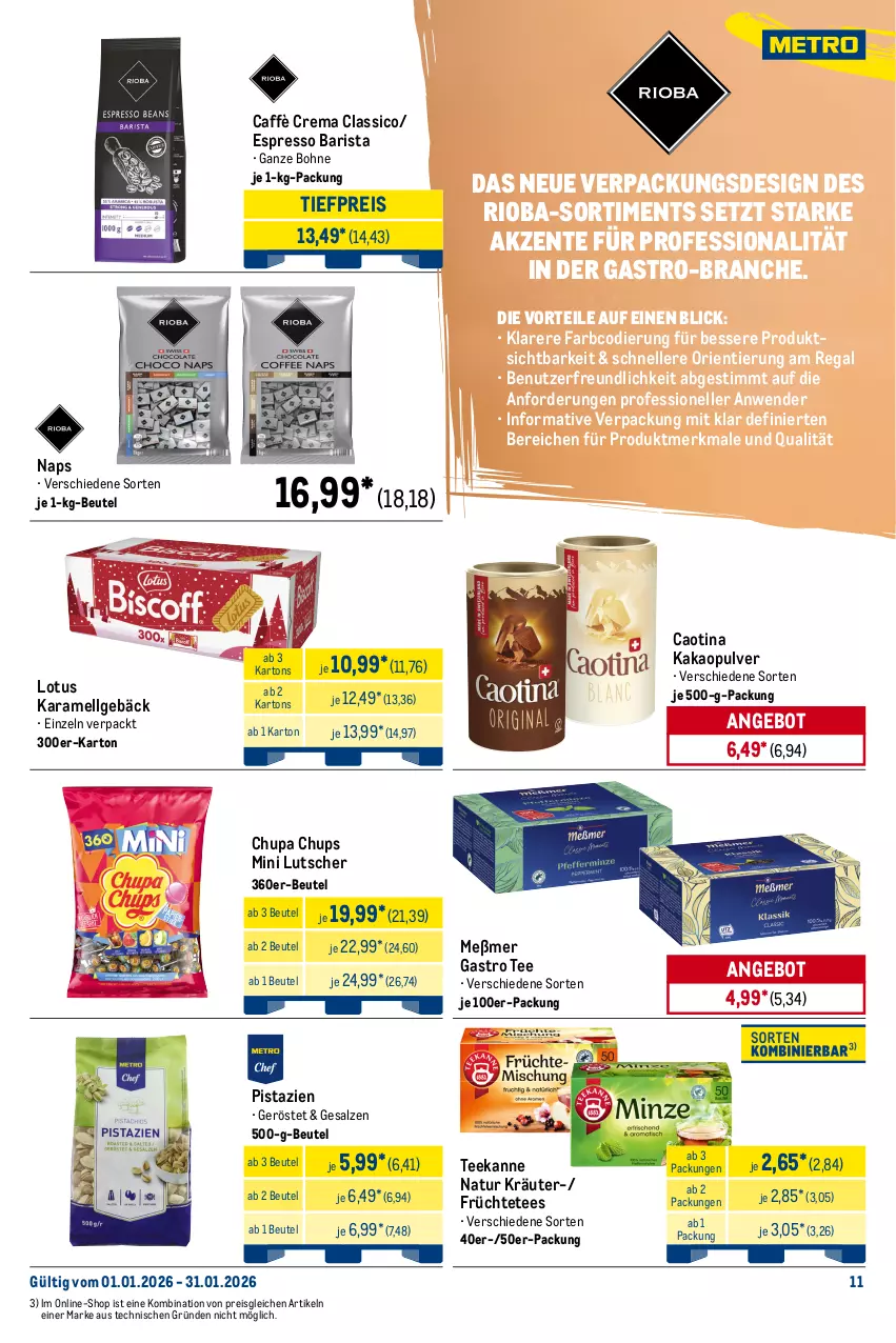 Aktueller Prospekt Metro - Monats-Menü - von 01.01 bis 31.01.2026 - strona 11 - produkty: Ajvar, angebot, ball, beutel, bio, bohne, bonduelle, Brühe, burger, caffè crema, chupa, chupa chups, classico, eis, elle, ente, espresso, flasche, früchte, Früchtetee, Gemüsebrühe, Gemüsekonserve, gewürz, Gewürzgurke, gewürzgurken, Gläser, gurke, gurken, hot dog, kakao, karamell, Konserven, korn, kräuter, kräutern, küche, Küchen, Langkornreis, LG, linsen, Lutscher, maggi, Meßmer, Metro, natur, Peroni, pistazien, regal, reis, rioba, Rote Linsen, salz, sauce, saucen, tee, teekanne, Ti, tiefpreis, tisch, zwiebel, zwiebeln