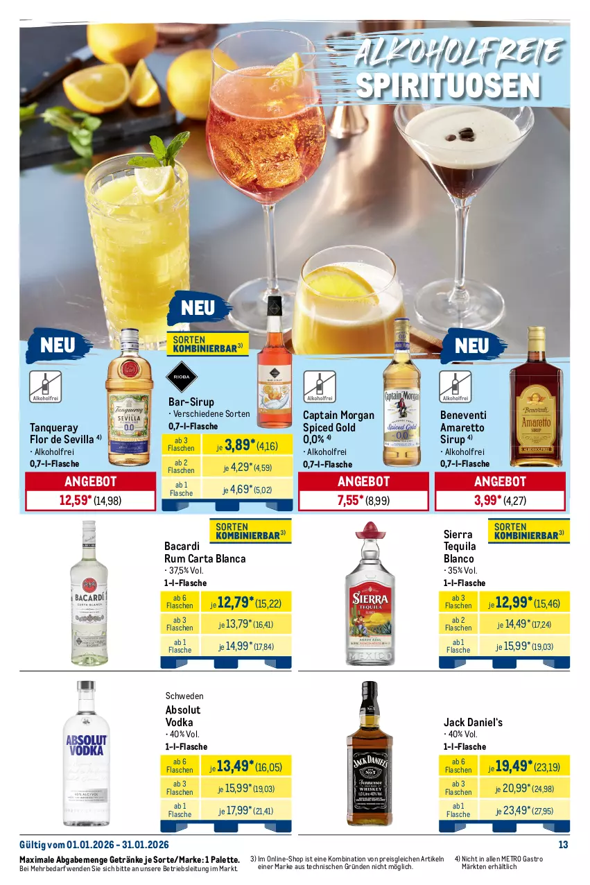 Aktueller Prospekt Metro - Monats-Menü - von 01.01 bis 31.01.2026 - strona 13 - produkty: Absolut Vodka, alkohol, Alwa, Amaretto, angebot, bacardi, bacardi rum, bier, Cap, captain morgan, coca-cola, cola, eis, elle, erdinger, flasche, fritz, getränk, getränke, jack daniel, Metro, metro gastro, mineralwasser, Palette, Peroni, reis, rum, san pellegrino, Sierra, sierra tequila, sirup, spirituosen, Tanqueray, tequila, Ti, tiefpreis, vodka, wasser