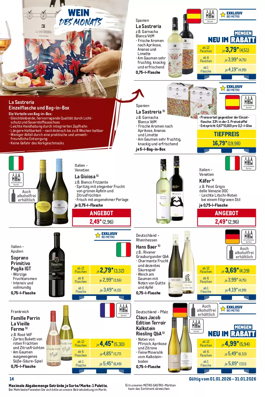 Aktueller Prospekt Metro - Monats-Menü - von 01.01 bis 31.01.2026 - strona 14 - produkty: ananas, angebot, apfel, aprikose, auer, bag-in-box, burgunder, dell, eis, elle, ente, flasche, frizzante, frucht, früchte, früchten, getränk, getränke, grauburgunder, harman, käfer, La Gioiosa, limette, mac, Metro, metro gastro, Mett, Palette, perla, pfirsich, Pinot, pinot grigio, preisvorteil, primitivo, reis, reiss, Ria, riesling, Rivaner, Ti, tiefpreis, tisch, zitrone