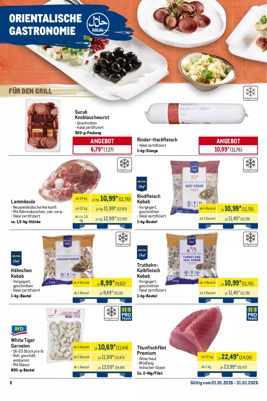 Aktueller Prospekt Metro - Monats-Menü - von 01.01 bis 31.01.2026 - strona 8 - produkty: angebot, beutel, eis, filet, fisch, fleisch, garnelen, grill, hackfleisch, Kalbfleisch, knoblauch, lamm, lammkeule, rind, rinder, rinder-hackfleisch, rindfleisch, schnitten, Sucuk, thunfisch, Ti, truthahn, Wild, wurst