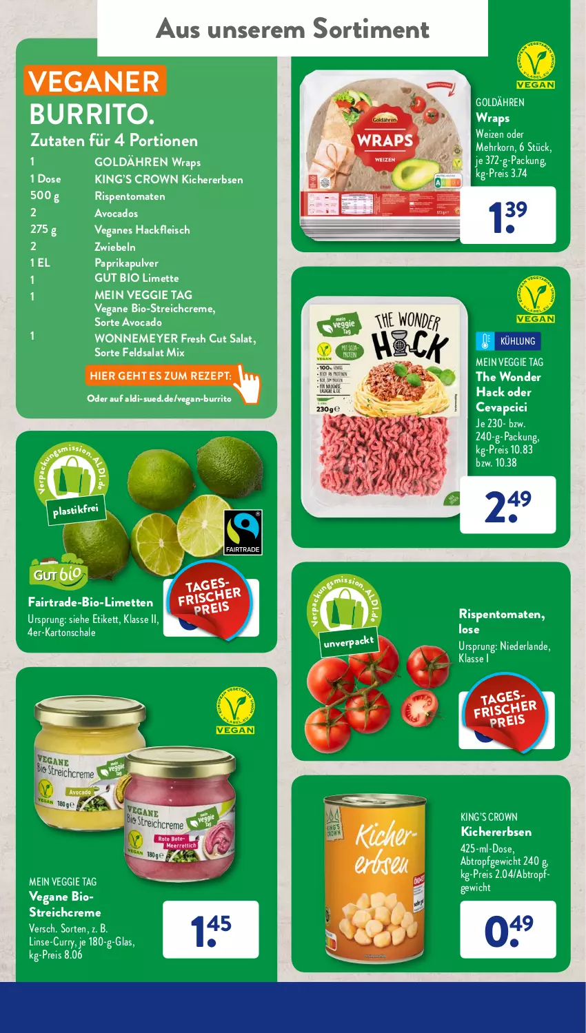 Aktueller Prospekt AldiSud - NÄCHSTE WOCHE - von 25.07 bis 30.07.2022 - strona 21 - produkty: aldi, asti, avocado, avocados, bio, cevapcici, creme, curry, eis, erbsen, feldsalat, fleisch, hackfleisch, kichererbsen, korn, limette, limetten, Mett, metten, paprika, reis, rezept, rispentomaten, salat, Schal, Schale, Ti, tomate, tomaten, veggie, wrap, wraps, zwiebel, zwiebeln