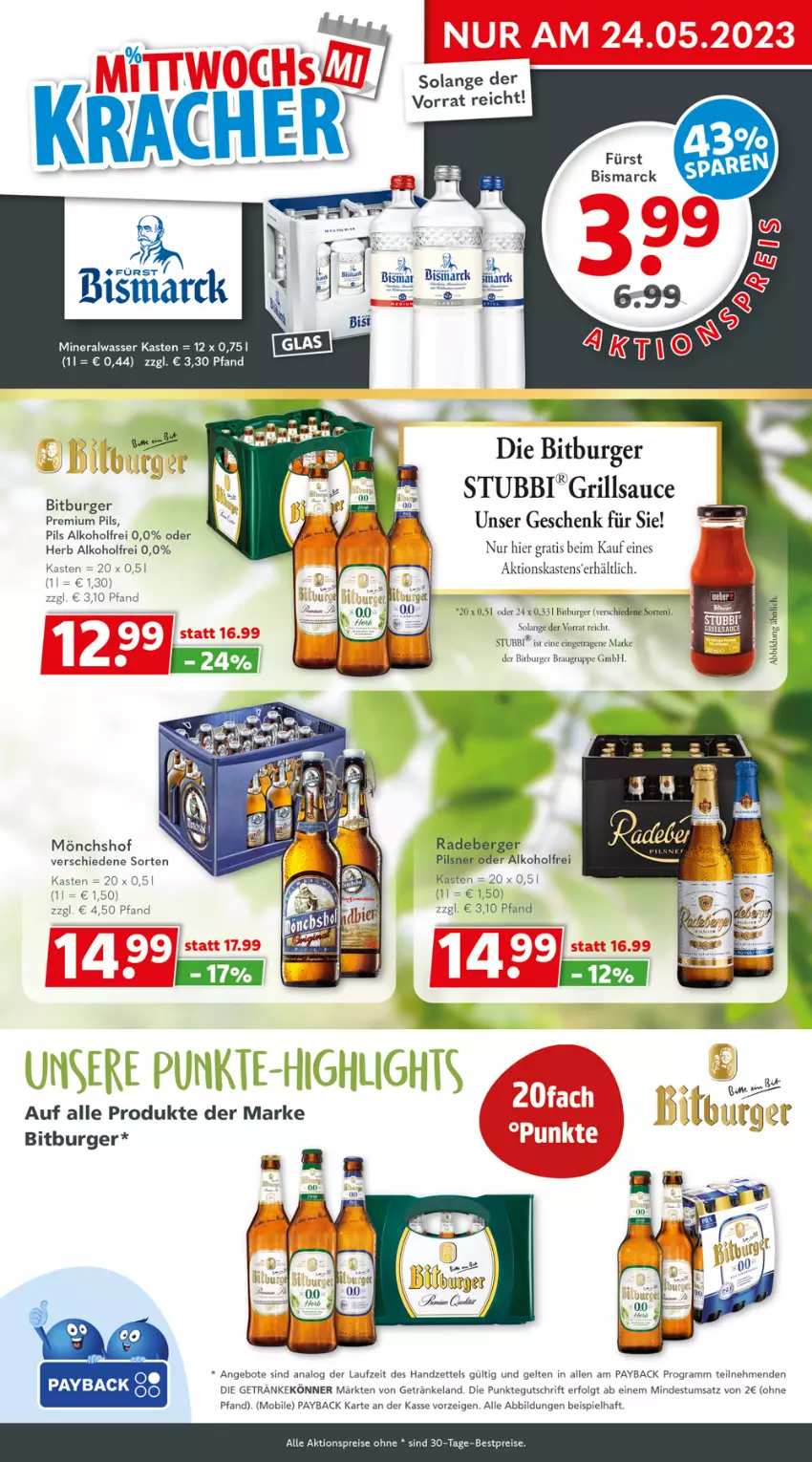 Aktueller Prospekt Getraenkeland - von 15.05 bis 27.05.2023 - strona 3 - produkty: aktionspreis, alkohol, Alwa, angebot, angebote, Berger, bestpreis, bestpreise, bismarck, bitburger, burger, eis, Elan, getränk, getränke, grill, grillsauce, LG, mineralwasser, mönchshof, payback, pils, pilsner, premium pils, radeberger, radeberger pilsner, reis, sauce, Ti, wasser