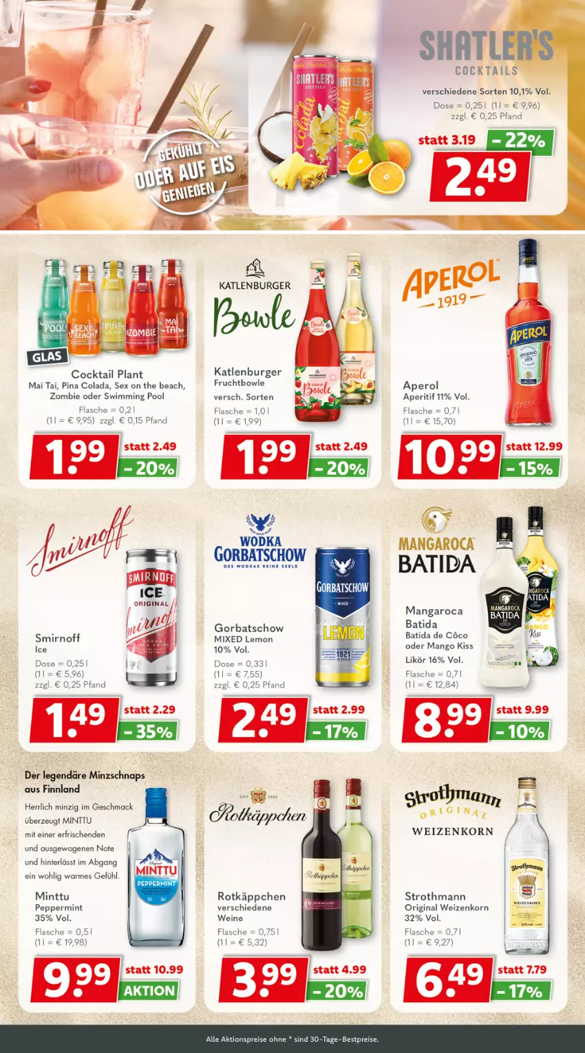 Aktueller Prospekt Getraenkeland - von 15.05 bis 27.05.2023 - strona 9 - produkty: aktionspreis, aperitif, aperol, batida, bestpreis, bestpreise, bowle, burger, cocktail, cola, eis, flasche, frucht, gin, Gorbatschow, katlenburger, korn, likör, mac, mangaroca, mango, mint, pool, reis, rotkäppchen, smirnoff, Ti, wein, weine, weizenkorn, wodka