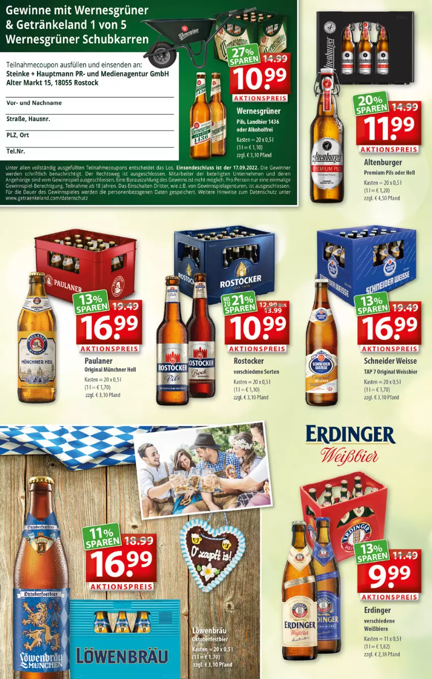 Aktueller Prospekt Getraenkeland - von 05.09 bis 17.09.2022 - strona 4 - produkty: altenburger, bier, Biere, burger, coupon, eis, erdinger, gewinnspiel, gin, Paula, paulaner, pils, premium pils, ritter, Rostocker, Schal, Ti, weissbier