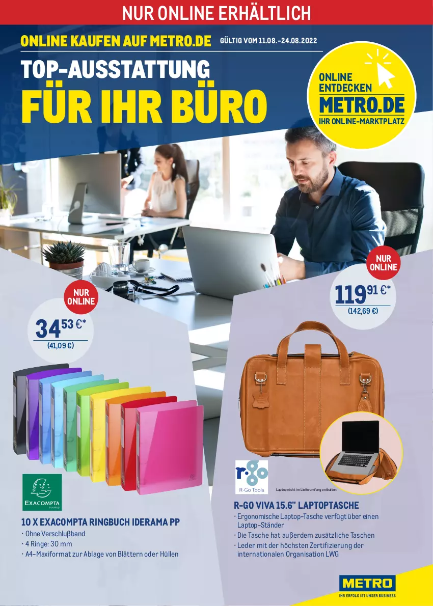 Aktueller Prospekt Metro - ONLINE-MARKTPLATZ - von 11.08 bis 24.08.2022 - strona 1 - produkty: buch, decke, erde, Laptop, Metro, rama, ring, rum, Tasche, taschen, Ti