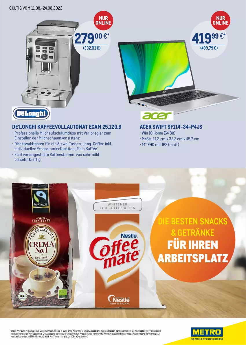 Aktueller Prospekt Metro - ONLINE-MARKTPLATZ - von 11.08 bis 24.08.2022 - strona 3 - produkty: acer, angebot, angebote, auto, eis, elle, erde, getränk, getränke, kaffee, kaffeevollautomat, Metro, milch, ndk, reis, Ria, rwe, snack, snacks, tasse, Ti