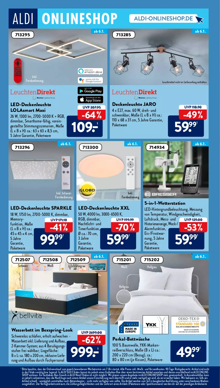 Aktueller Prospekt AldiSud - ALDI Aktuell - von 03.01 bis 08.01.2022 - strona 20 - produkty: aldi, angebot, angebote, auer, Bau, baumwolle, beleuchtung, bett, bettwäsche, decke, deckenleuchte, eis, erde, fernbedienung, gin, hohenstein, HP, kissen, led-deckenleuchte, Leuchte, leuchtmittel, LG, Liege, Nachtlicht, ndk, Persona, reis, rel, ring, rum, rwe, Ti, timer, uhr, wasser, weck, Wetterstation, wolle