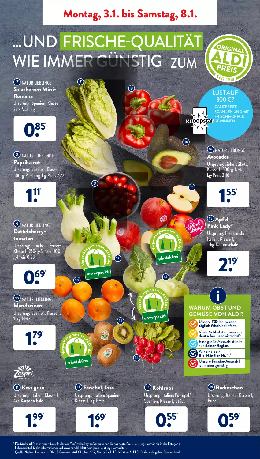 Aktueller Prospekt AldiSud - ALDI Aktuell - von 03.01 bis 08.01.2022 - strona 3 - produkty: aldi, asti, avocado, avocados, bio, cherrytomaten, eis, elle, erde, fenchel, kiwi, kohlrabi, lebensmittel, mandarine, mandarinen, natur, obst, Obst und Gemüse, paprika, paprika rot, Pink Lady, radieschen, Rauch, reis, rum, salat, salatherzen, Schal, Schale, Ti, tomate, tomaten, und gemüse, Yo