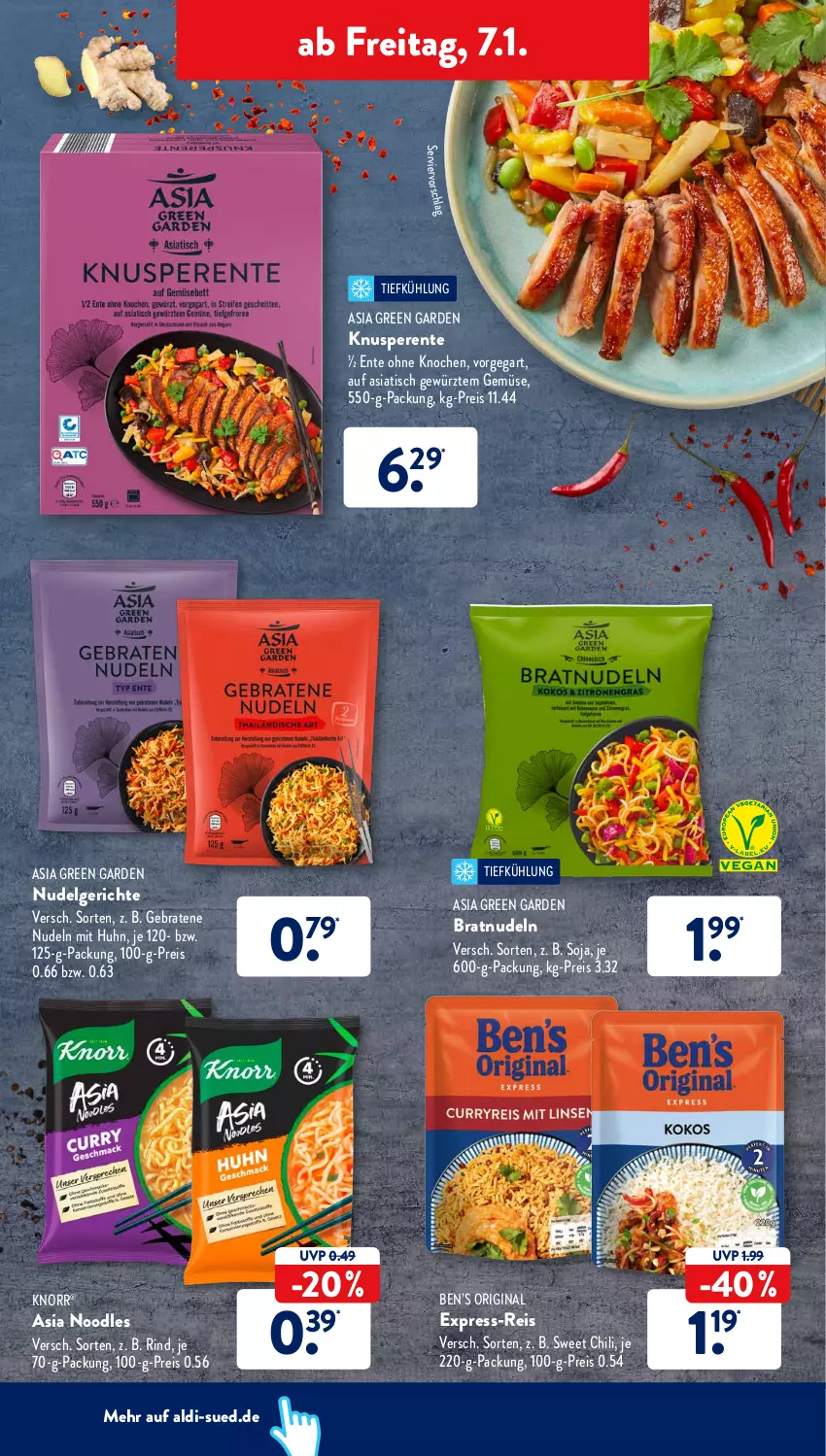 Aktueller Prospekt AldiSud - ALDI Aktuell - von 03.01 bis 08.01.2022 - strona 36 - produkty: aldi, Asia Green Garden, Ben’s Original, braten, chili, eis, ente, express-reis, gewürz, gin, knorr, LG, nudel, Nudelgericht, nudeln, reis, rind, soja, Ti, tisch, ZTE