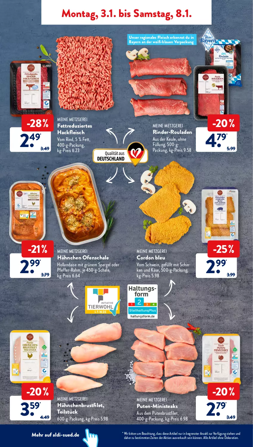 Aktueller Prospekt AldiSud - ALDI Aktuell - von 03.01 bis 08.01.2022 - strona 4 - produkty: aldi, alle artikel ohne dekoration, brustfilet, cordon bleu, dekoration, eis, filet, fleisch, hackfleisch, hähnchenbrust, hähnchenbrustfilet, hollandaise, Käse, Ofen, pfeffer, pute, putenbrust, putenbrustfilet, reis, rind, rinder, rinder-rouladen, rouladen, Schal, Schale, schinken, schwein, spargel, steak, steaks, Ti, wein, ZTE