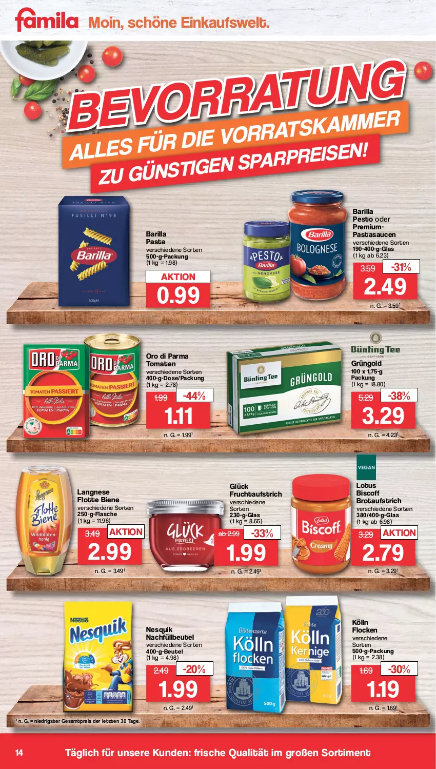 Aktueller Prospekt Famila - Prospekte - von 25.09 bis 30.09.2023 - strona 15 - produkty: aufstrich, barilla, beutel, biscoff, brot, brotaufstrich, eis, flasche, frucht, fruchtaufstrich, kölln, langnese, nesquik, oro di parma, pasta, pesto, reis, sauce, saucen, Ti, tomate, tomaten, ZTE