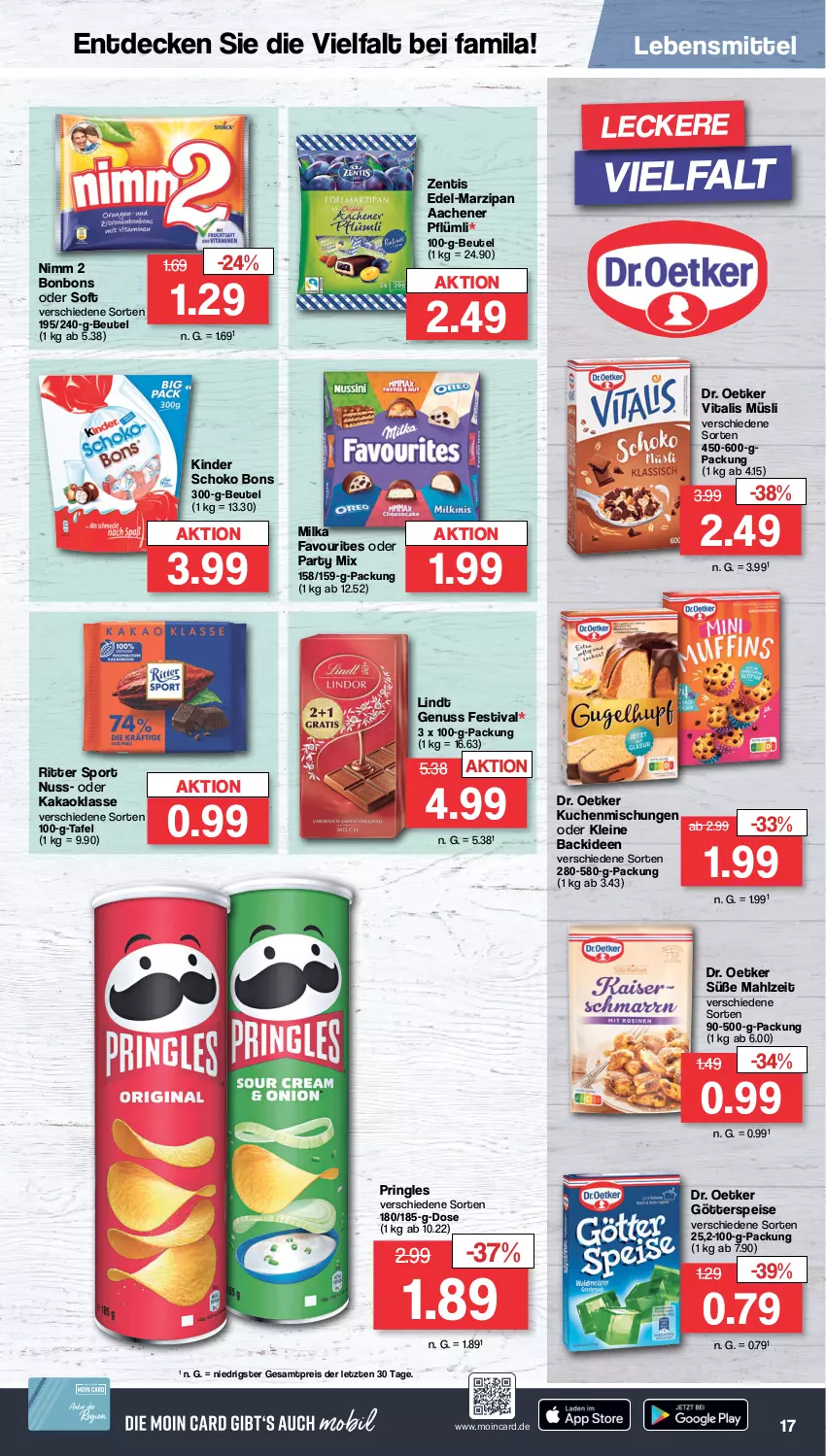 Aktueller Prospekt Famila - Prospekte - von 25.09 bis 30.09.2023 - strona 18 - produkty: beutel, bonbons, decke, Dr. Oetker, eis, götterspeise, kakao, Kinder, kuchen, lebensmittel, leine, lindt, marzipan, milka, müsli, Nimm 2, nuss, pringles, reis, ring, ritter, ritter sport, schoko, Sport, Ti, vita, vitalis, vitalis müsli, zentis, ZTE