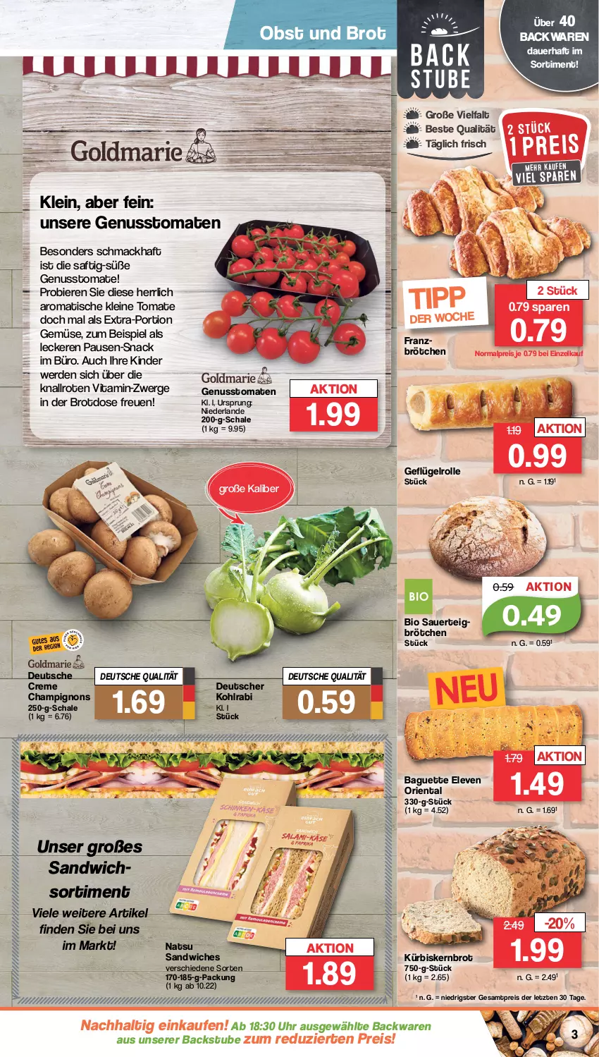 Aktueller Prospekt Famila - Prospekte - von 25.09 bis 30.09.2023 - strona 3 - produkty: auer, backwaren, baguette, bier, Biere, bio, brot, brötchen, Brotdose, champignon, champignons, creme, eis, erde, Geflügel, Kinder, kohlrabi, Kürbis, leine, mac, nuss, obst, reis, saft, sandwich, Schal, Schale, snack, stube, Ti, tisch, tomate, tomaten, uhr, vita, ZTE