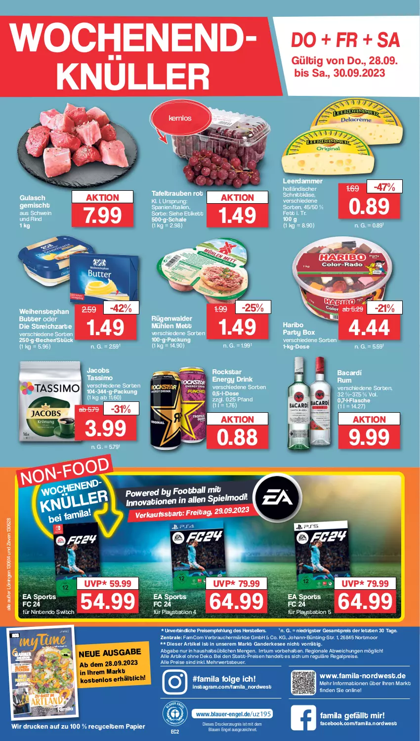 Aktueller Prospekt Famila - Prospekte - von 25.09 bis 30.09.2023 - strona 34 - produkty: auer, ball, Becher, bio, blume, blumen, butter, drink, drucker, eis, elle, energy drink, Engel, flasche, gulasch, haribo, Hobby, holländischer schnittkäse, jacobs, jacobs tassimo, Käse, kerze, küche, lays, leerdammer, LG, magazin, Mett, ndk, nintendo, Nintendo Switch, nuss, papier, PlayStation, PlayStation 4, PlayStation 5, Rauch, regal, reis, Ria, rind, Rockstar, rügenwalder, rügenwalder mühle, rum, rwe, Schal, Schale, schnittkäse, schwein, schwein und rind, sim, Sport, Streichzart, tafeltrauben, tassimo, teller, Ti, trauben, weihenstephan, wein, ZTE