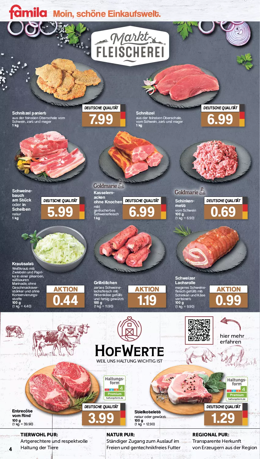 Aktueller Prospekt Famila - Prospekte - von 25.09 bis 30.09.2023 - strona 4 - produkty: Bau, eis, ente, entrecôte, fleisch, gewürz, grill, hirtenkäse, Käse, kasseler, kotelett, Kraut, krautsalat, lachs, Lachsrolle, mac, marinade, Mett, mit zwiebeln, natur, rind, salat, Schal, Schale, schinken, schnitzel, schwein, schweine, schweinefleisch, Ti, Tiere, wein, weine, zwiebel, zwiebeln