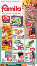 Gazetka promocyjna Famila - Prospekte - Gazetka - ważna od 30.09 do 30.09.2023 - strona 1 - produkty: angebot, angebote, aust, Becher, beispielabbildung, Buko, coca-cola, cola, eis, elle, flasche, frischkäse, fritteuse, Geflügel, Gläser, glasflasche, gurke, gurken, gyros, Heißluftfritteuse, jack daniel, jack daniels, Käse, küche, Küchen, lebensmittel, LG, likör, meica, pfanne, piccolinis, pils, reis, saft, schwein, teller, tennessee whiskey, Ti, Tiere, wagner, wasser, wassersprudler, wein, whiskey, würstchen, ZTE