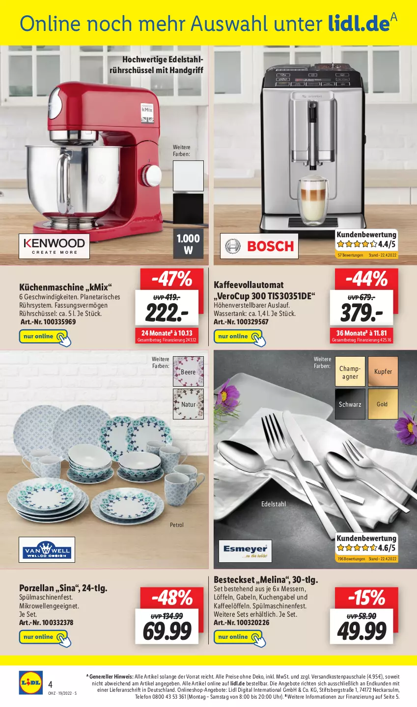 Aktueller Prospekt Lidl - Wochen-Highlights im Onlineshop - von 09.05 bis 15.05.2022 - strona 4 - produkty: angebot, angebote, auto, beere, besteck, besteckset, champagne, champagner, edelstahl, eis, elle, gabel, kaffee, kaffeevollautomat, küche, kuchen, Küchen, küchenmaschine, LG, Löffel, messer, mikrowelle, natur, ndk, reis, rel, Rührschüssel, Schal, Schale, schüssel, spülmaschinen, telefon, Ti, uhr, wasser, wassertank