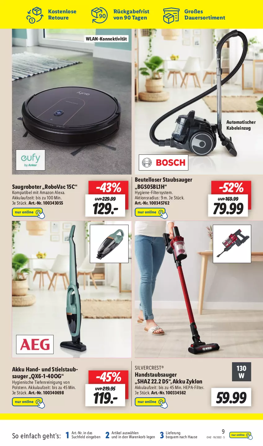 Aktueller Prospekt Lidl - Wochen-Highlights im Onlineshop - von 09.05 bis 15.05.2022 - strona 9 - produkty: akku, alexa, amazon alexa, auer, auto, beutel, handstaubsauger, korb, Reinigung, Saugroboter, silvercrest, staubsauger, Stielstaubsauger, Ti, tisch